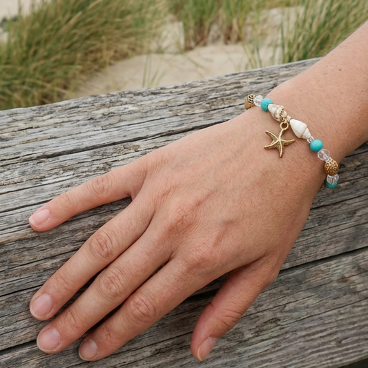 Zomer Armband Blauw met Zeester & Turquoise Kralen – Rinhoo Sparcle.shop